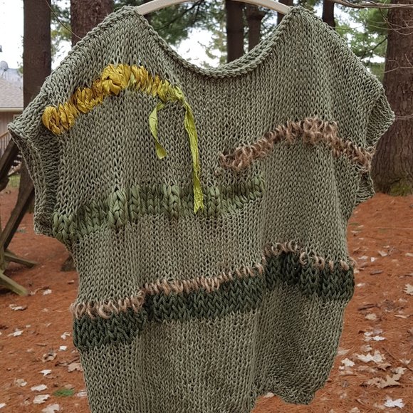 Summer/spring/fall cotton loose top, olive green, hand knitted - Picture 2 of 4
